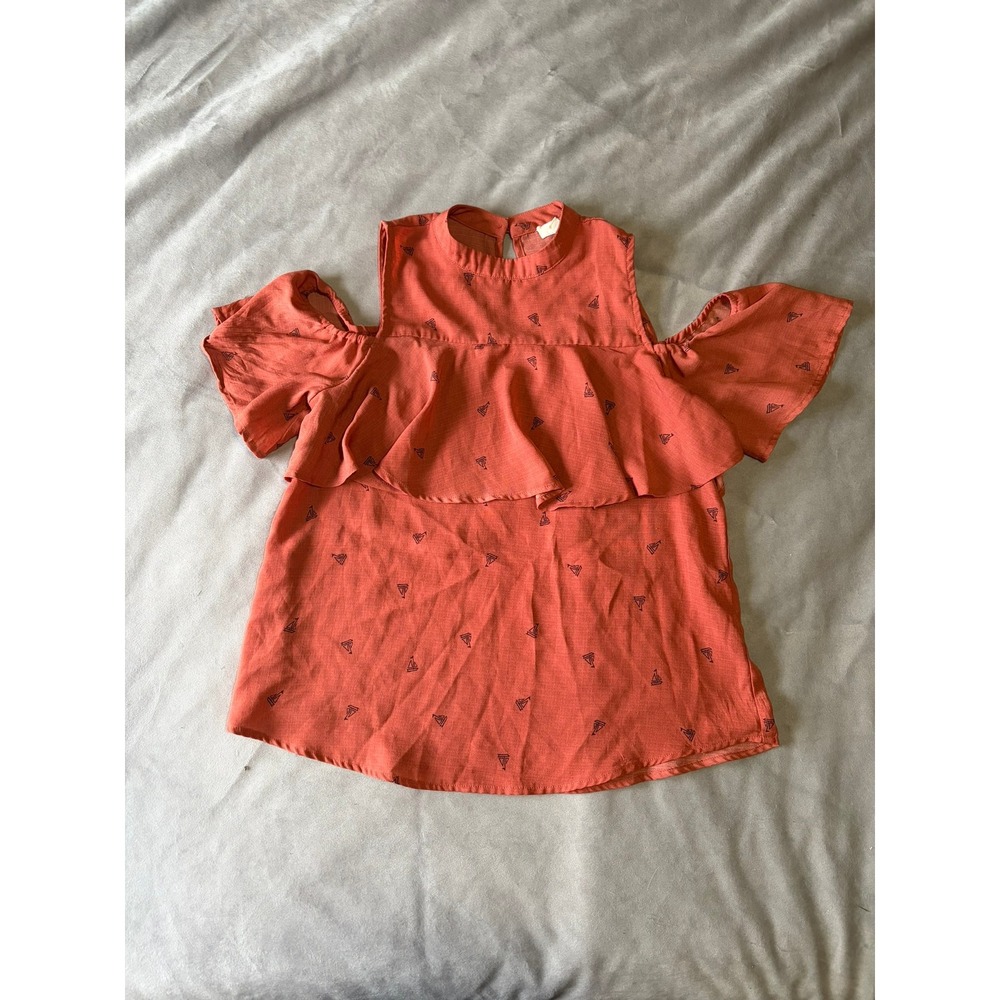 Elm Womens Cold Shoulder Ruffle Blouse Rust Orange Sailboat Print Top Small